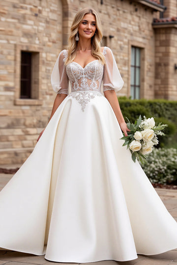Ivory A Line Lace Half Sleeve Wedding Dress